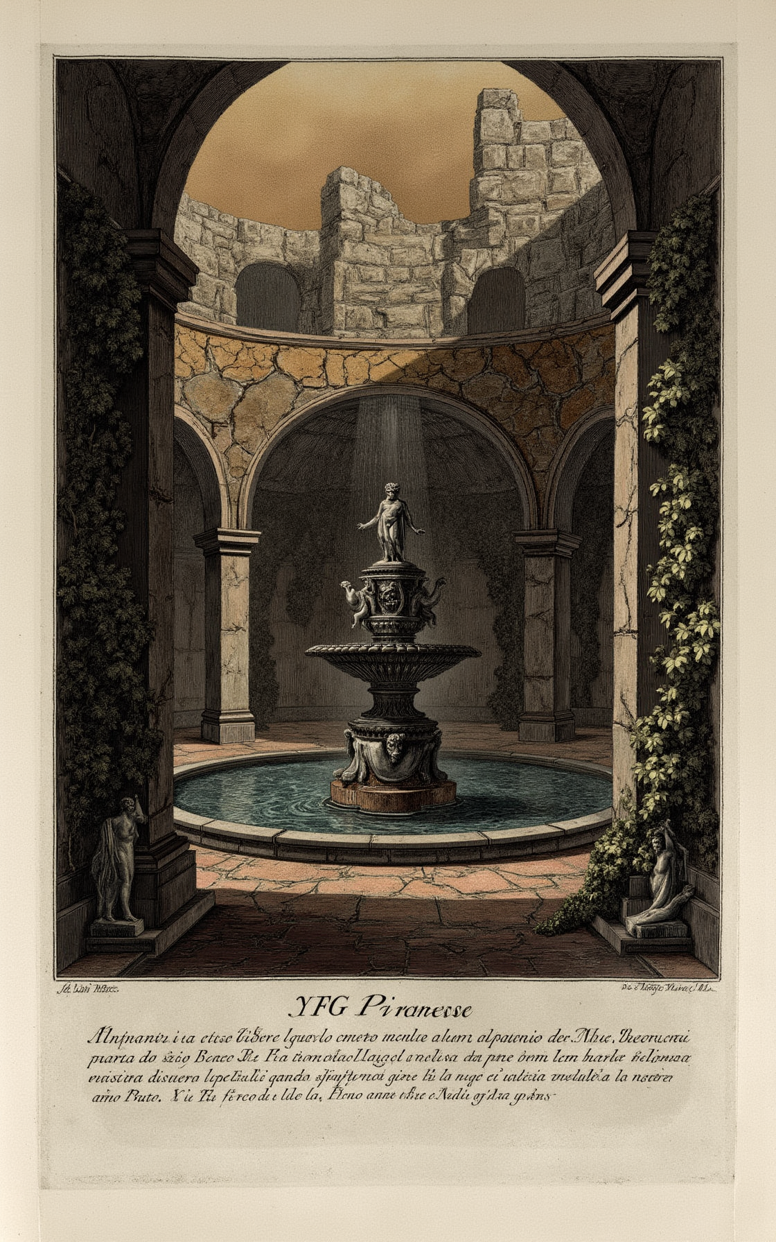 YFG-Pira. Large title in the lower center with the words "YFG Piranese", Create an etching-style image of a worn, ornate fountain surrounded by a dimly lit, Baroque-era courtyard with cracked stone walls and overgrown ivy, featuring an intricate, 18th-century style sculpture atop the fountain's central pedestal, partially reflected in the pool's rippled water, set against a warm, atmospheric misting effect reminiscent of Giovanni Battista Piranesi's printmaking techniques.