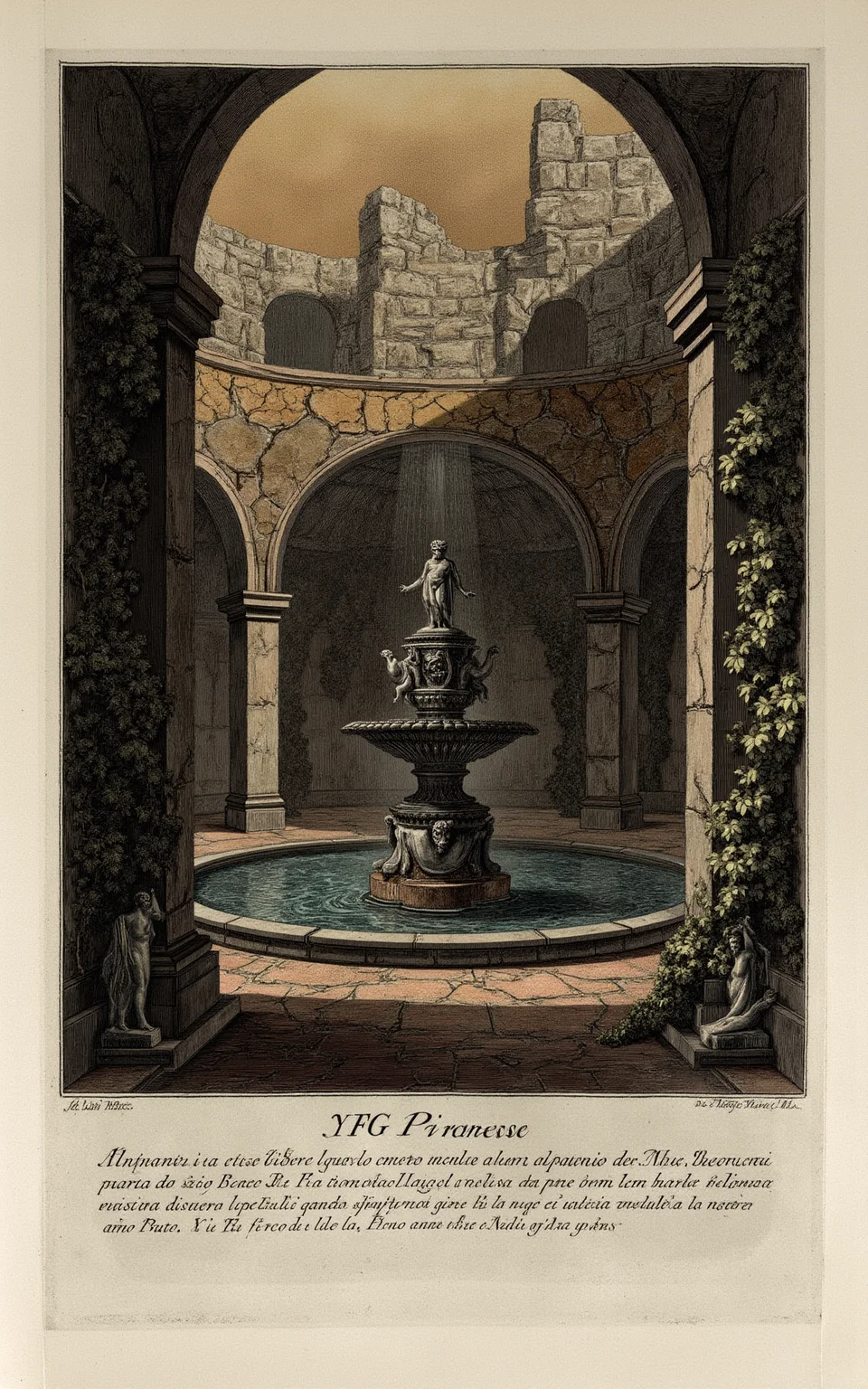 YFG-Pira. Large title in the lower center with the words "YFG Piranese", Create an etching-style image of a worn, ornate fountain surrounded by a dimly lit, Baroque-era courtyard with cracked stone walls and overgrown ivy, featuring an intricate, 18th-century style sculpture atop the fountain's central pedestal, partially reflected in the pool's rippled water, set against a warm, atmospheric misting effect reminiscent of Giovanni Battista Piranesi's printmaking techniques.