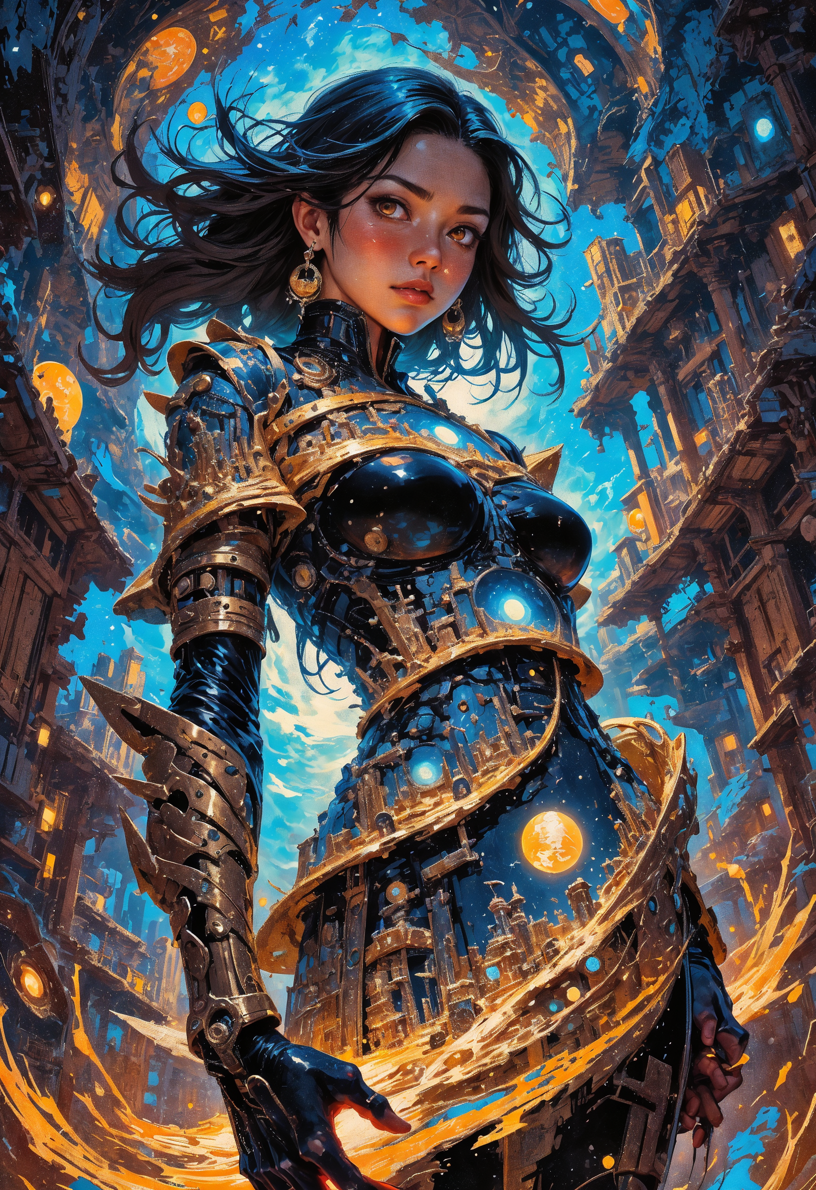 (in Otomo Katsuhiro style:1.2), masterpiece, high-quality, A time traveler with swirling bands of light circling her body, each representing different eras casting shifting shadows of various ancient and futuristic architectures onto her, She holds a small rotating hourglass filled with stars as if containing entire galaxies, The background is an abstract vortex of time and space, era fusion, cosmic hourglass, temporal glow, Stylized anime with intricate time effects and cosmic motifs, (elaborate fine details:1.1), (hyperdetailed:1.1), (intricate details:1.0), (Refined details:1.1), (best quality:1.1), (high resolution:1.2), <lora:FLUX\Anime v1.3:0.6> <lora:FLUX\VividlyReal:0.6> <lora:FLUX\FLUX-daubrez-DB4RZ:0.4>