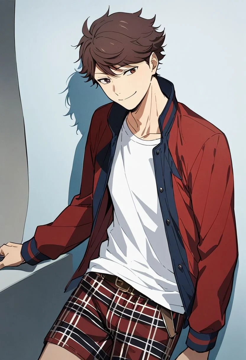 1boy, solo, male focus, oikawa_tooru, smile, casual, blue jacket, two-tone jacket, red jacket, white shirt, plaid shorts, (SuperQuality), best quality, masterpiece