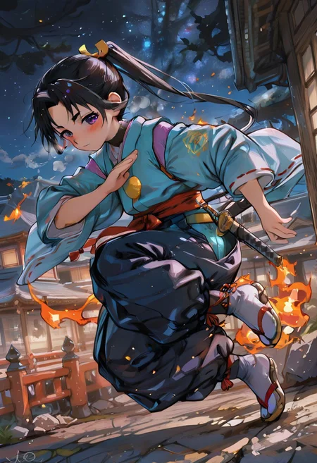 1boy, IllusP0s,F4st, usnr, masterpiece, best quality, very aesthetic, (dynamic pose, dynamic angle:1.3), (specular lighting:1.2) ,houjou tokiyuki \(nige jouzu no wakagimi\), toujou tokiyuki ,otoko no ko,white kariginu, japanese clothes, tabi, wide sleeves, hakama pants ,running ,exciting, heavy breathing, mist breath ,blush ,black hair,long hair,ponytail,purple eyes,,nighttime,night,starry sky,big fire,city background, tragic scene, flames engulfing, burning town in the background,burning japanese castle ,dark background, light particles, dramatic,,[:intricate details:0.2],masterpiece,detailed background,semirealistic,(mood lighting:1.1)