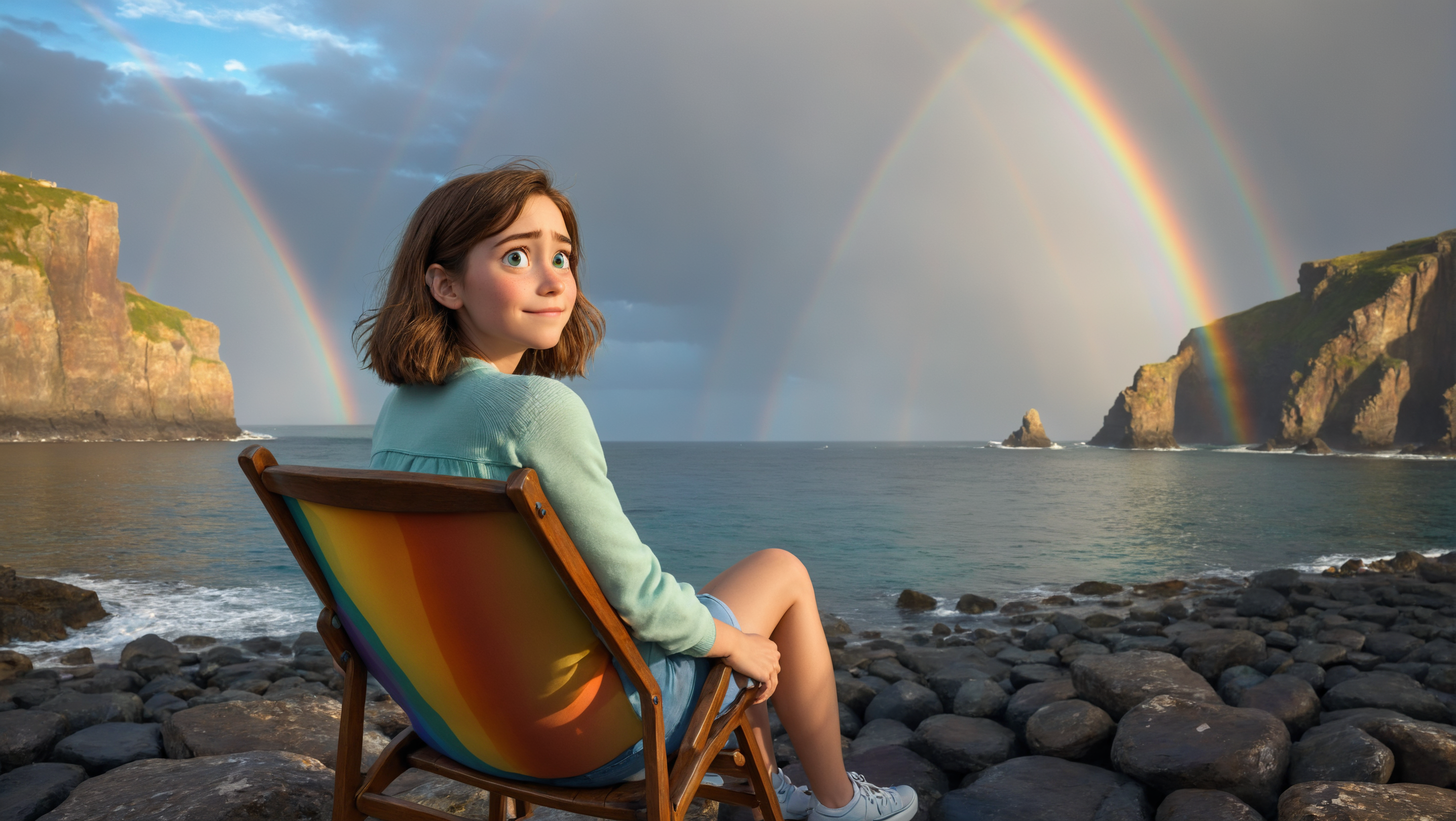 a Pixar cute, dreamy eyed, woman,sitting on a chair, in the background, a rainbow over a rocky seaside can be seen, 8k, dramatic light
<lora:Landscapes-v1.1:0.8>,