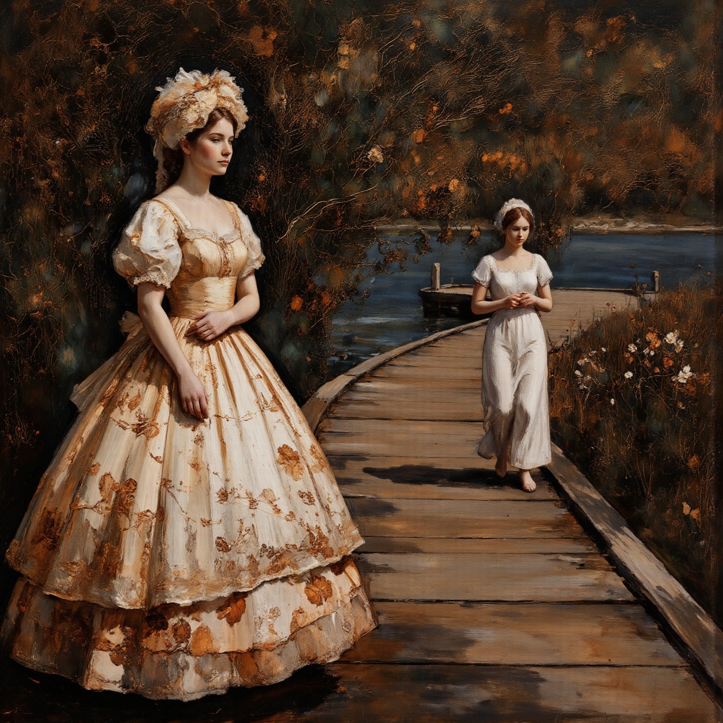 Color Field Painting realistic photo of intricate illuminated Victorian lady and Victorian maid walking on a Caribbean boardwalk, (copper-tinted:0.5), very detailed, ethereal white and magnolia and copper palette. The scene is both serene and ominous. <lora:white1:0.4> <lora:AmeshinART_Dream:0.4> <lora:Midjourney_Whisper_AgateX_v1:0.5> <lora:Eldritch_Paint_Sketch_for_Flux_1.0.5:0.6>