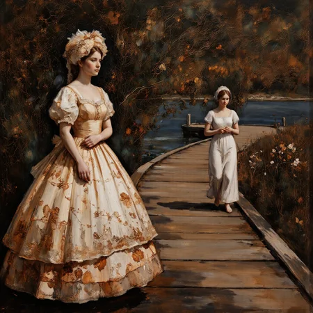 Color Field Painting realistic photo of intricate illuminated Victorian lady and Victorian maid walking on a Caribbean boardwalk, (copper-tinted:0.5), very detailed, ethereal white and magnolia and copper palette. The scene is both serene and ominous. <lora:white1:0.4> <lora:AmeshinART_Dream:0.4> <lora:Midjourney_Whisper_AgateX_v1:0.5> <lora:Eldritch_Paint_Sketch_for_Flux_1.0.5:0.6>