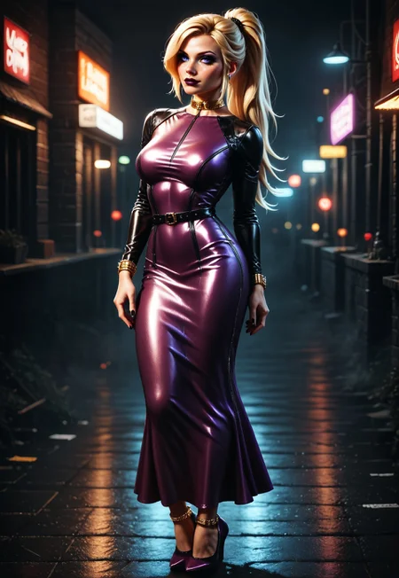 safe_pos, score_9, score_8_up, score_7_up, score_6_up, score_5_up, score_4_up, 1girl, leu_hanna_1, gothicstyle, (fully clothed), 1girl, solo, 21yo, freckles, red-burgundy pronounced lips, beautiful eyes, brown eys, blonde hair ponytail, swept bangs, medium 34D breasts, fit girl, nicely outlined calf muscles, aroused, ((long leather dress, red and purple dress, long sleeves)), ((gold choker, bracelets, anklets)), (simple blurred background, depth of field), slim figure, nicely outlined calf muscles, red-burgundy pronounced lips, closed mouth, aroused, passion, simple background, blonde hair, swept bangs, very long hair, gothic body armor, goth accessories, goth makeup, beautiful eyes, bright colors, high contrast, vivid lighting, rating_safe, BREAK, sapphire blue eyes, up close, neon hearts lights dark, chiaroscuro, low-key <lora:SDXLCAF-000010:0.7> cigarettesaftersex