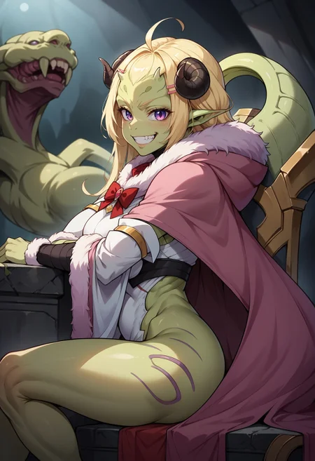 score_9, score_8_up,score_7_up, source_anime, 
BREAK
alien humanoid ,1girl,TsunomakiWatame, horns, long hair, ahoge, WatameBase, very long blonde hair, ahoge, hairclip, fur-trimmed dress, short dress, red bowtie, detached sleeves, pouch, fur-trimmed cape, pink cape, from side, grin, looking at viewer, head tilt, solo, sitting on throne,
<lora:Potat-Alienfier_humanoid-V1PN:-1.25> <lora:last_1:0.8>