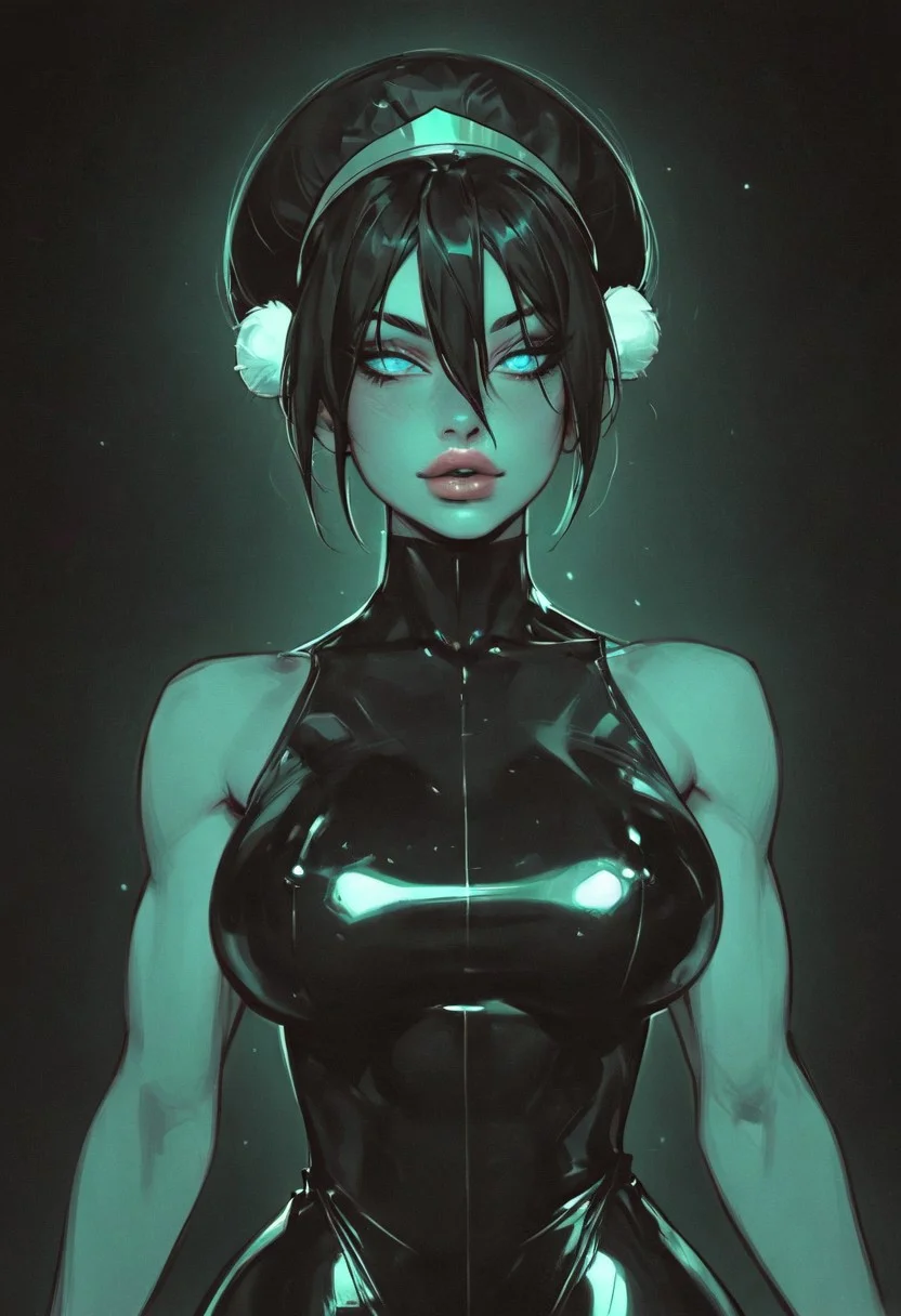 Score_9, Score_8_up, 1girl, toph, cute face, big blue eyes, eye lighting, sexy lips, large breasts, thin waist, backlight, fluorescent, bright neon colors, high contrast, masterpiece, eye-catching, gold jewelry, highly detailed, high contrast, tight dress, latex, , (big lips:0.8), stylized, wide hips,  dominant position,