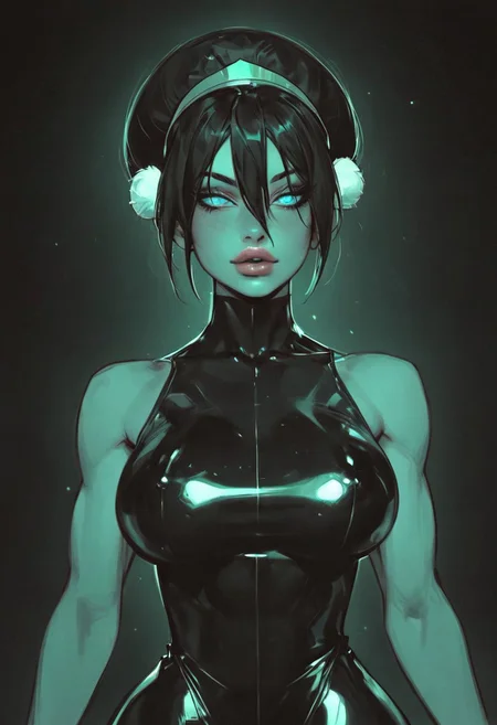 Score_9, Score_8_up, 1girl, toph, cute face, big blue eyes, eye lighting, sexy lips, large breasts, thin waist, backlight, fluorescent, bright neon colors, high contrast, masterpiece, eye-catching, gold jewelry, highly detailed, high contrast, tight dress, latex, , (big lips:0.8), stylized, wide hips, dominant position,