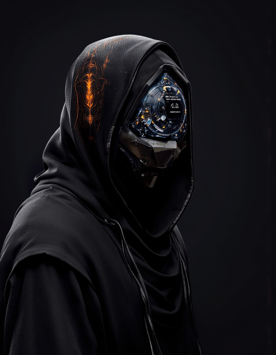 Daniel Hahn art. A photo-realistic shoot from a profile camera angle about a dark, futuristic helmet with a glowing design on the side, set against a dark background. the image also shows a character in the middle of the image, who appears to be a humanoid figure, wearing a black, hooded cloak and a sleek, metallic helmet. the character is facing the viewer, with their face partially obscured by the hood. the helmet has a triangular shape with a transparent visor, and the visor displays a glowing, futuristic interface with various symbols and text. the lighting is dramatic, with a focus on the character's face and the intricate design of the helmet, creating a sense of depth and dimensionality. the overall mood is dark and mysterious, with the character standing out against the dark background and the glowing interface.
