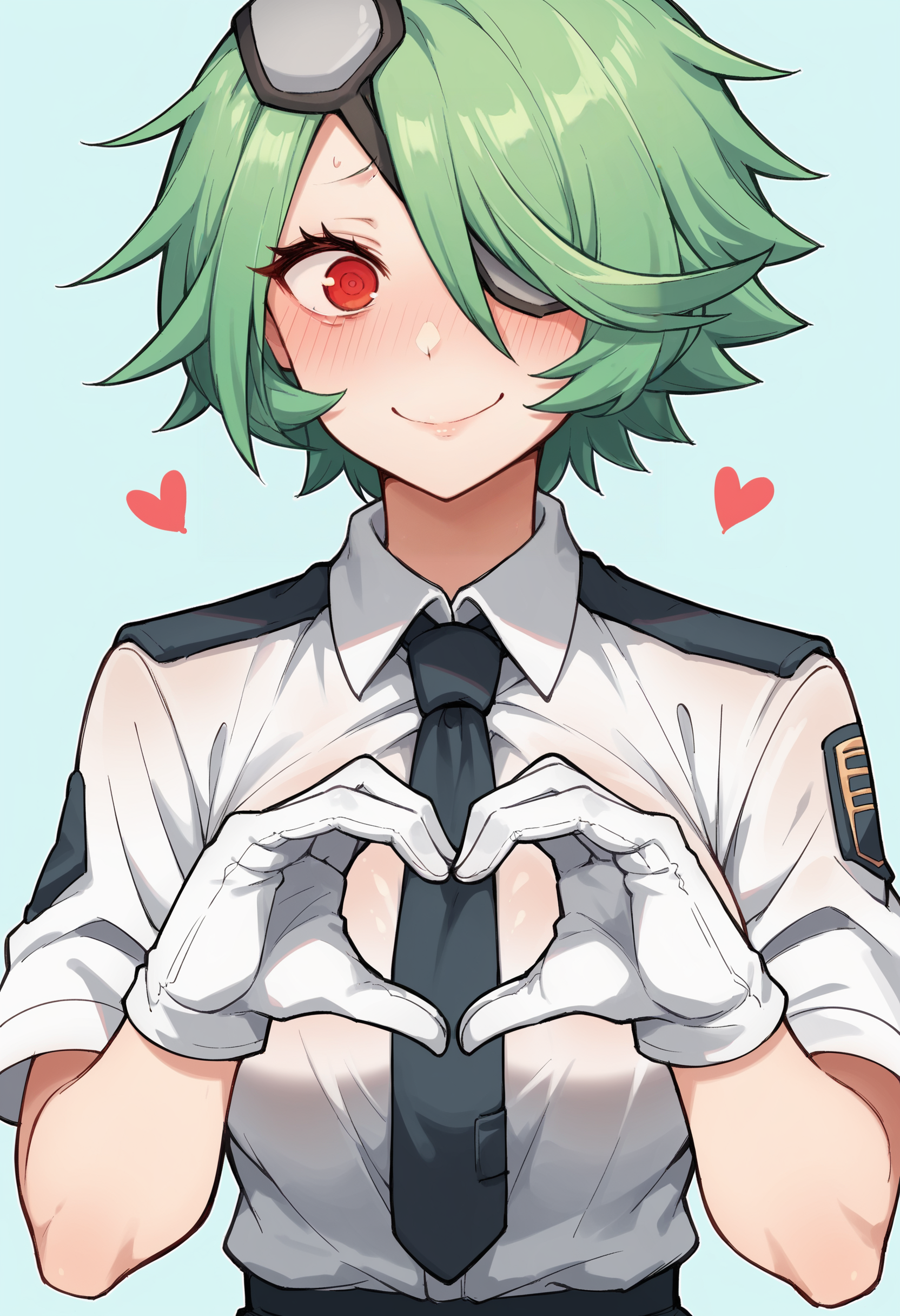score_9, score_8_up, score_8, source_anime, 1girl, <lora:KirukoOtonashi:0.85> large breasts, short hair, green hair, hair over one eye, red eyes, eyepatch, uniform, necktie, police uniform, gloves, pantyhose, embarrassed, smile, blush, upper body, heart hands,
light blue background, simple background,