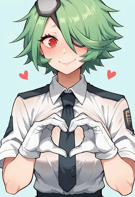 score_9, score_8_up, score_8, source_anime, 1girl, <lora:KirukoOtonashi:0.85> large breasts, short hair, green hair, hair over one eye, red eyes, eyepatch, uniform, necktie, police uniform, gloves, pantyhose, embarrassed, smile, blush, upper body, heart hands,
light blue background, simple background,