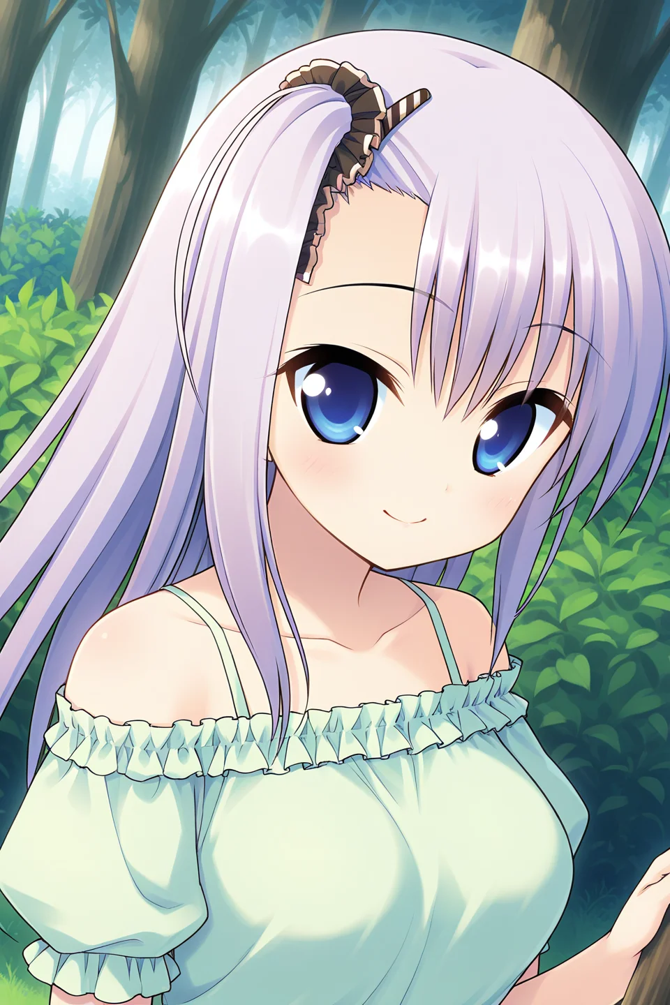 masterpiece, best quality, absurdres, official art, official style, rating general BREAK <lora:manabekei_IL_v1-1:0.7>, manabe kei, 1girl, solo, blue eyes, purple hair, light purple hair, long hair, one side up, side ponytail, black scrunchie, asymmetrical hair, asymmetrical bangs, hairclip, large breasts BREAK casual, bare shoulders, collarbone, blouse, green shirt, frilled shirt, off-shoulder shirt, puffy short sleeves, halterneck, striped camisole, standing, outdoors, nature, forest edge, close-up, portrait,
blush, closed mouth, hair between eyes, looking at viewer, smile