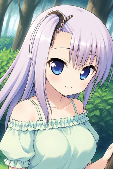 masterpiece, best quality, absurdres, official art, official style, rating general BREAK <lora:manabekei_IL_v1-1:0.7>, manabe kei, 1girl, solo, blue eyes, purple hair, light purple hair, long hair, one side up, side ponytail, black scrunchie, asymmetrical hair, asymmetrical bangs, hairclip, large breasts BREAK casual, bare shoulders, collarbone, blouse, green shirt, frilled shirt, off-shoulder shirt, puffy short sleeves, halterneck, striped camisole, standing, outdoors, nature, forest edge, close-up, portrait,
blush, closed mouth, hair between eyes, looking at viewer, smile