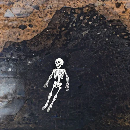 a skeleton floating in space, dark, minimalist