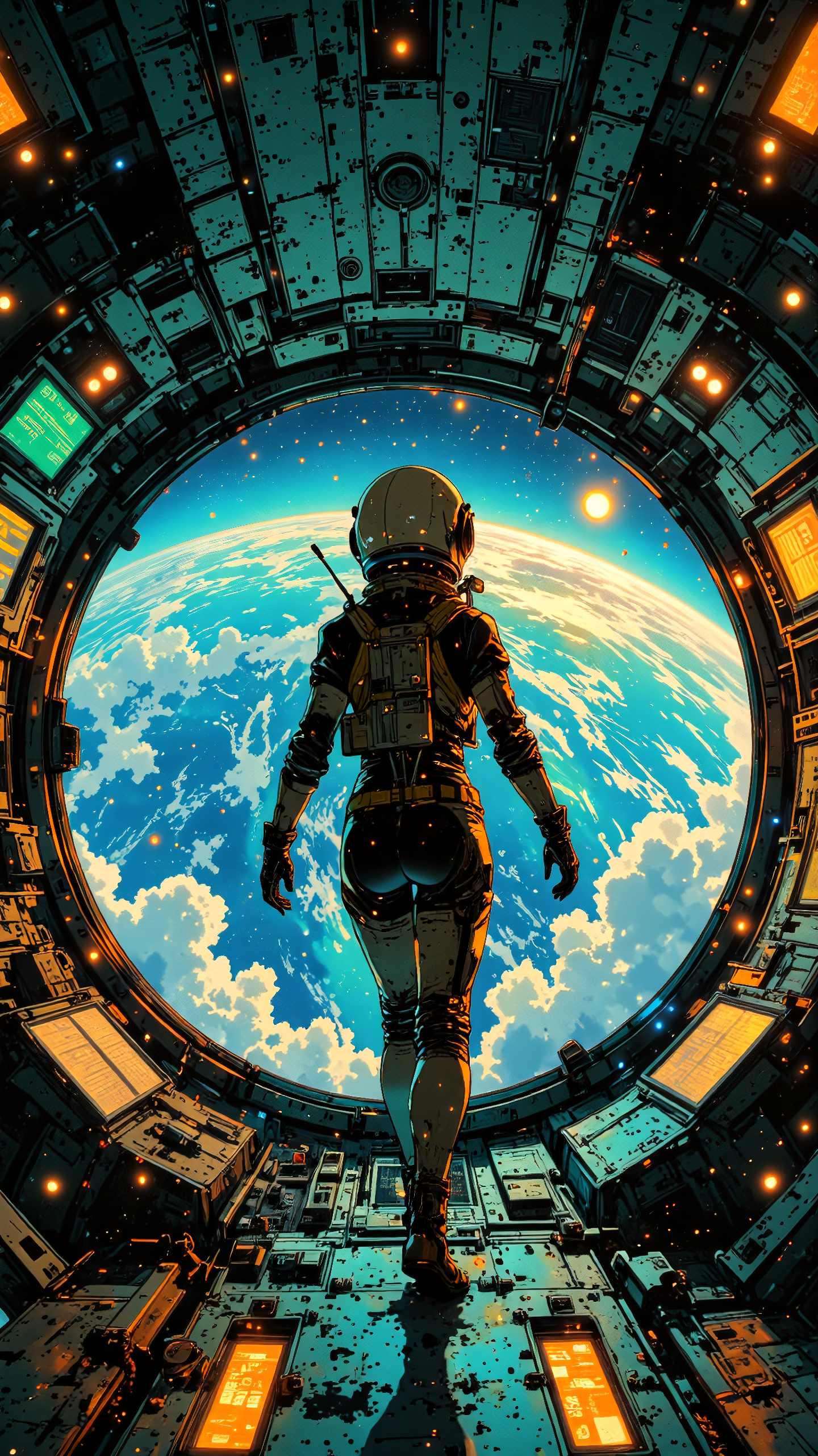 High-resolution anime-style illustration, bold painterly textures, cinematic sci-fi lighting. A young woman floats weightlessly inside a futuristic spaceship, clad in a sleek astronaut suit with a reflective helmet obscuring her face. A propulsion pack is secured to her back as she hovers near a massive observation window, gazing at the Earth below.
Beyond the glass, the planet glows in brilliant blues and whites, swirling clouds stretching over vast oceans. The golden light of the sun peeks from the horizon, casting a soft glow into the dimly lit spacecraft. Floating control panels and soft neon displays illuminate the metallic interior, creating a serene yet awe-inspiring moment in deep space. <lora:dreadmirth-art-style:0.7000000000000001> <lora:Vibrantly_Dark_style_v.1:0.6> <lora:RealAnime:0.8>
