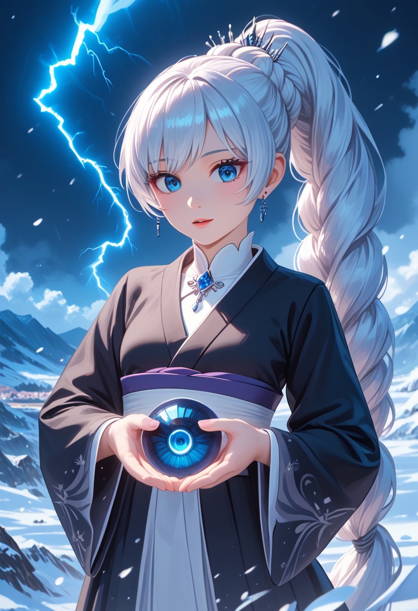 score_9, score_8_up, score_7_up, high res image, masterpiece, best quality, EyesHD, beautiful eyes, perfect eyes, beautiful hands, perfect hands,
 Weiss Schnee, Weiss Schnee, long hair, ponytail, white hair, blue eyes, small breasts, mature body,  wearing a fancy black Japanese kimono, black kimono, grabbing lightning, Jagged Mountains background, black and purple swirling colors in background, realistic lighting 3D, anime, art by michellekuku