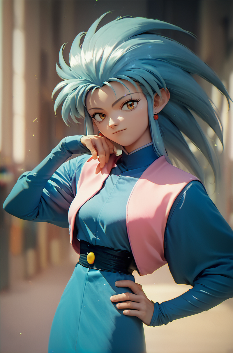 score_9, score_8_up, score_7_up, score_6_up, 1girl, ryouko \(tenchi muyou!\), blue dress, pink vest, long sleeves, medium breasts, hand on hip, looking at viewer, blurry background
<lora:Pony_XL_Ryouko:1>
