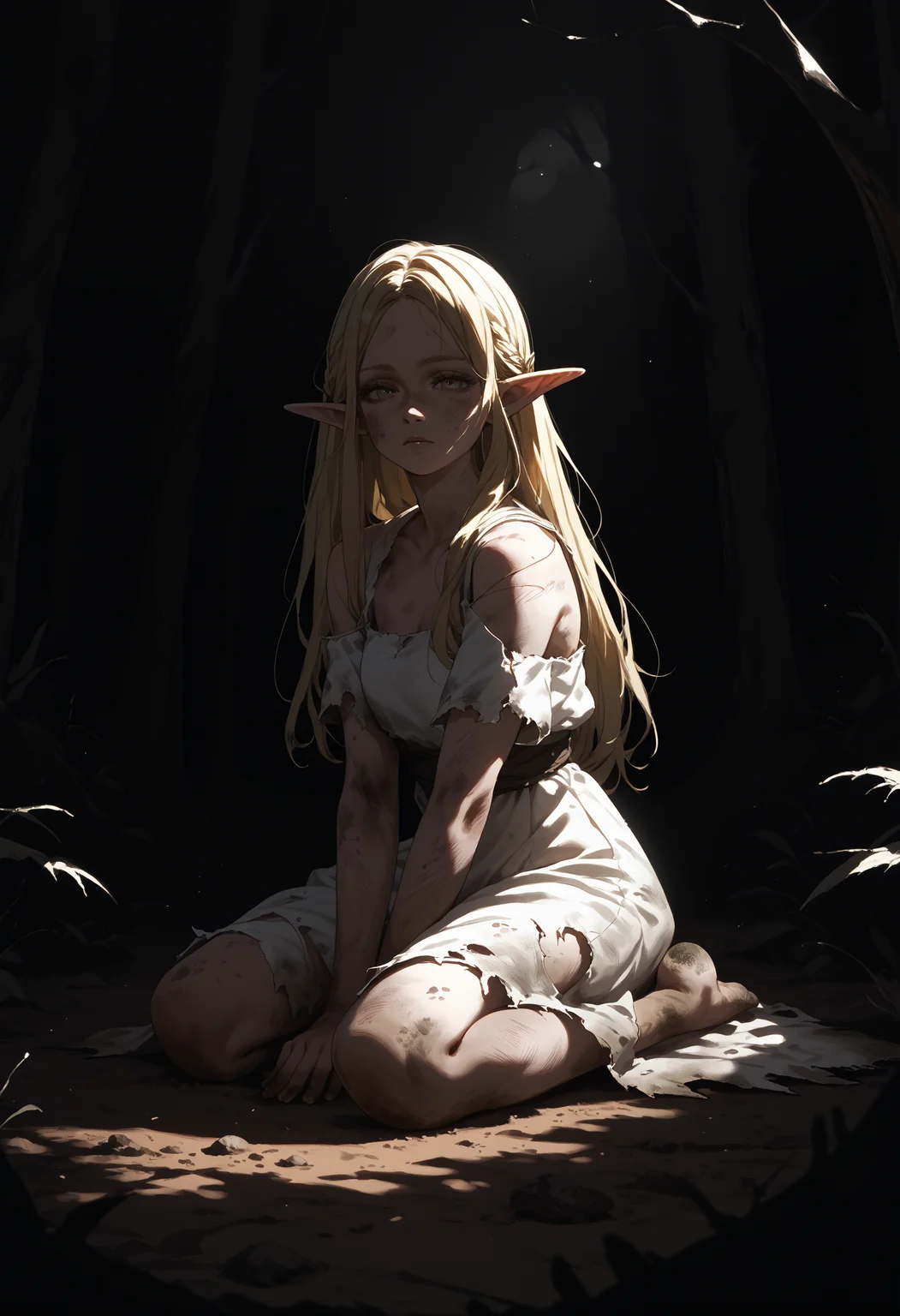 score_9, score_8_up, score_7_up, score_6_up, <lora:dark_v1.9-pony:1.3>
1girl, long hair, blonde hair, elf, white dress, on floor, torn clothes, kneeling, dirt,
forest, dark background, dappled sunlight, silhouette, dark theme, black theme,looking at viewer,