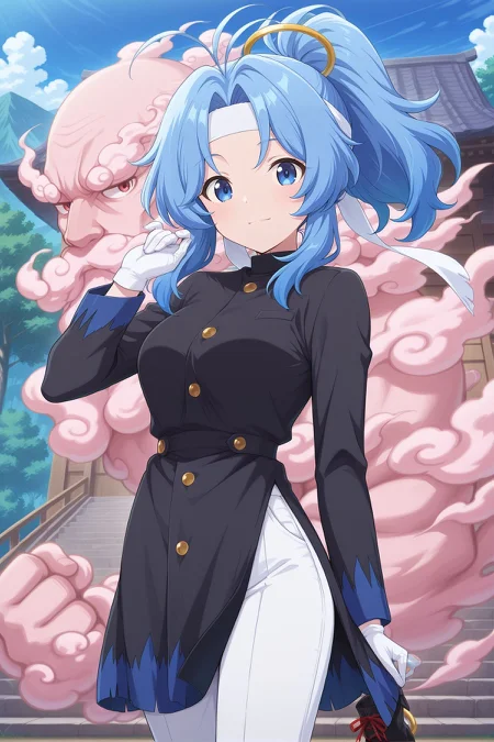 absurdres, highres, masterpiece, best quality, amazing quality, official anime artwork, screencap, anime screencap, outdoors, looking at viewer, 
 <lora:Ichirin-Kumoi_Illustrious:1> kumoi ichirin, 1girl, solo, blue eyes, blue hair, long hair, ponytail, antenna hair,, alternate costume, hair ornament, hoop ornament, white headband, black jacket, buttons, tabard, white gloves, white pants, black boots,
unzan, light smile,