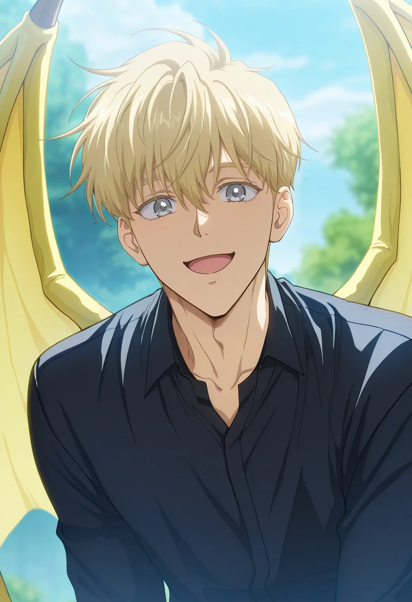 masterpiece, best quality, amazing quality,high resolution,official style,depth of field,anime screencap , , , 1boy, solo, male focus, <lora:Noah_Luire:0.76>, noah luire,blonde hair,grey eyes,short hair,bangs,open mouth,black shirt,smile,collared shirt,yellow wings,dragon wings,upper body,looking at viewer,day