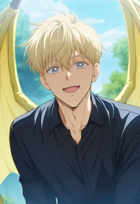 masterpiece, best quality, amazing quality,high resolution,official style,depth of field,anime screencap , , , 1boy, solo, male focus, <lora:Noah_Luire:0.76>, noah luire,blonde hair,grey eyes,short hair,bangs,open mouth,black shirt,smile,collared shirt,yellow wings,dragon wings,upper body,looking at viewer,day