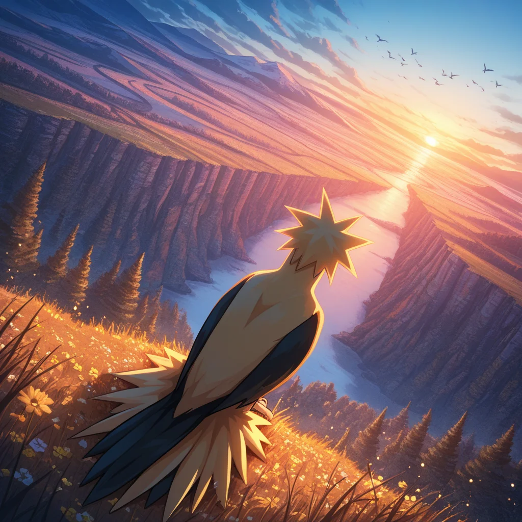 ((vibrant, detailed, detailed background, amazing quality, colorful, masterpiece, 8k, rtx)), beutiful background,
<lora:zapdos-illus-14:1> pzapb, pokemon \(creature\), bird, 1other, sitting, dynamic angle, outdoors,