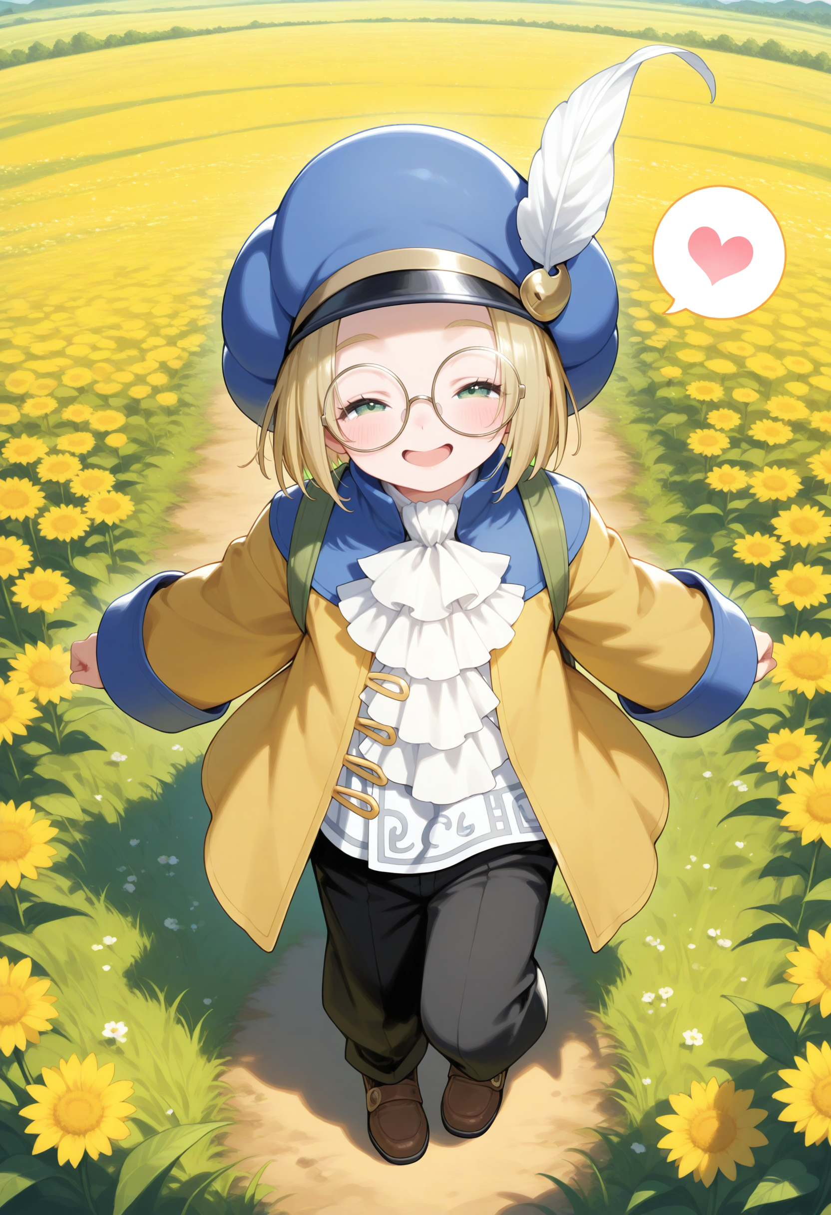 masterpiece,extreme detailed,outdoors,field,full body BREAK hoimin2,1boy,glasses,blonde hair,short hair,hat,round eyewear,white ascot,blue headwear,long sleeves,green eyes,yellow jacket,black pants,<lora:hoimin_(dq)-NAI:1>,smile,closed eyes,open mouth,spoken heart,looking at viewer,