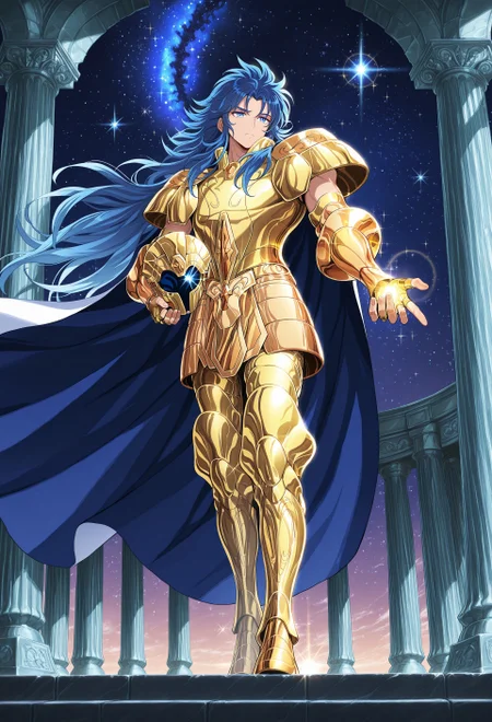 masterpiece, best quality, amazing quality, intricate, hyper-detailed, excellent, ultra-high resolution, (lineless:1.2), (((1man, solo, male focus))), tall, greek temple, (((three quarter view))), depth of field, pillars, full body, beckoning, geminisaga, long hair, blue hair, blue eyes, geminiarmor, gold armor, holding helmet, galaxy background, cape, from below
