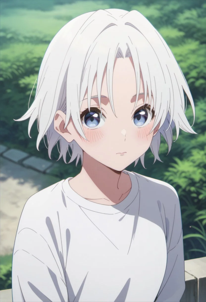 score_9, score_8_up, score_7_up, source_anime, tsuruyama shirahi, short hair, white hair, blue eyes, solo, closed mouth, blush, outdoors, looking at viewer, white shirt, shirt