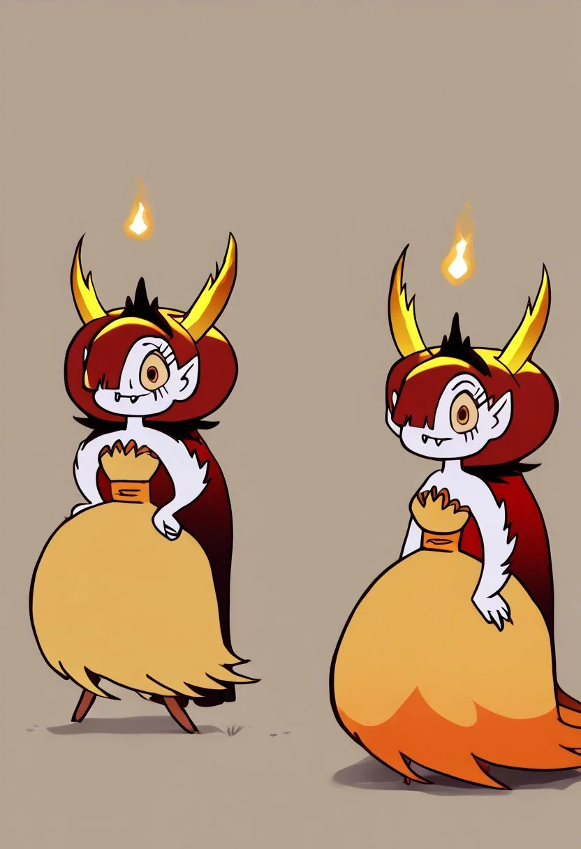 <lora:HekapooPony:1> hekapoo, red hair, horns, 1girl, pointy ears, yellow dress, yellow eyes, strapless, long hair, white skin, very long hair, hair over one eye, tiara, fangs, smile, looking at viewer, hand on own hip, standing,simple background,, score_9, score_8_up, score_7_up, score_6_up, score_5_up, score_4_up cowboy shot,