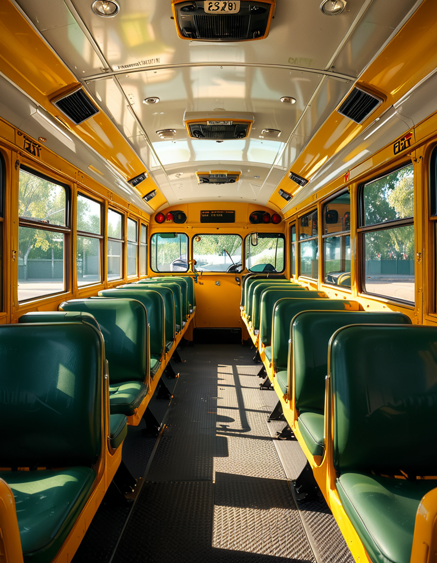 The interior of a classic yellow school bus, captured in a clean and well-maintained state. Long rows of simple green vinyl seats line both sides of a narrow aisle, slightly worn from regular use. The perspective is from the front of the bus, looking toward the back, with a clear view of the seats and the metal handrails on top of each row. Sunlight streams in through the large rectangular windows on both sides, creating soft reflections on the seats and a warm glow inside. The floor is textured black rubber, with faint signs of foot traffic. The atmosphere feels quiet and inviting, with no students present, giving a peaceful and slightly nostalgic vibe. The style is photorealistic, highlighting the details of the seat stitching, window latches, and the subtle reflections of light on surfaces. The background includes the driverâs area partially visible, with the steering wheel and dashboard controls adding to the authenticity.
<lora:SDXLFaeTastic2400:0.4> <lora:extremely_detailed:0.4> extremely detailed, <lora:sch00l_bus:1>,sch00l bus, Masterpiece,best quality,hi res,8k,hi res,8k,award winning,(sharp focus, intricate, highly detailed),