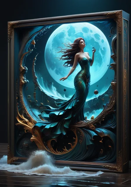 A glass Frame sculpture, concealed inside the Cube is a large mermaid in a Lightning storm, large waves, (mermaid emerges out of the frame), in the dark, detailed image, high quality detailed, the moon, moonlit, shaped Cube, amazing wallpaper, digital painting highly detailed, UHD detailed oil painting, beautiful art UHD, focus on full glass sphere, bokeh, background Modifiers: extremely detailed Award winning photography, fantasy studio lighting, photorealistic very attractive beautiful imperial colours ultra detailed 3D, (Very Intricate), UHD, <lora:3D_Framed_Wall_Art_-_By_DICE:1>, (3D Framed, Mega Details),beautiful woman, gorgeous woman