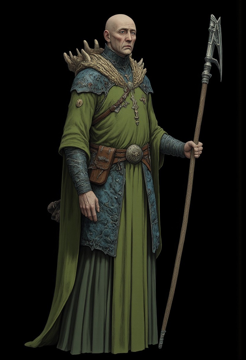 Standing in a hyper stanced extended action pose
a meddle aged bald medieval  summoner mage wearing a green sorcerers tunic and a wizards staff made out of wood zbrush
Set against a solid dark black color background to emphasize its unsettling unnatural form that emphasizes its silhouette. The medium is not a traditional painting or illustrative medium like watercolor or ink but rather a digital 3D rendering.
MikeFranchinastyle, d4artstyle, d4concept, , bbstyle,, horror theme,, zbrush, ZBClay model of a gray sculpture, 1990's, 1990's style
