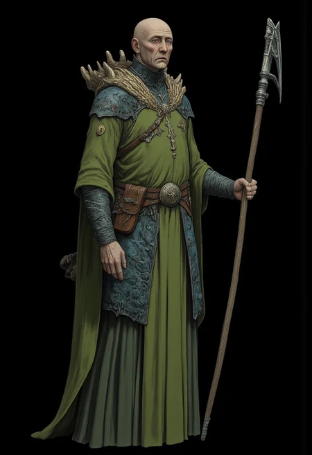 Standing in a hyper stanced extended action pose
a meddle aged bald medieval  summoner mage wearing a green sorcerers tunic and a wizards staff made out of wood zbrush
Set against a solid dark black color background to emphasize its unsettling unnatural form that emphasizes its silhouette. The medium is not a traditional painting or illustrative medium like watercolor or ink but rather a digital 3D rendering.
MikeFranchinastyle, d4artstyle, d4concept, , bbstyle,, horror theme,, zbrush, ZBClay model of a gray sculpture, 1990's, 1990's style