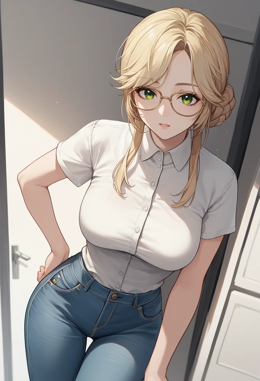 score_9, score_8_up, score_7_up, source_anime, BREAK 1girl, solo, <lora:ade-nikke-richy-v1_pdxl:1> ade, green eyes, glasses, blonde hair, bangs, braid, hair bun, white shirt, jeans