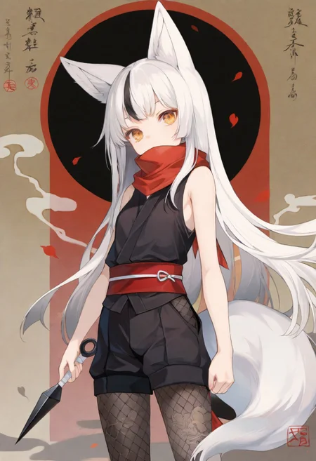 masterpiece, best quality, high score, great score, anime style, moody setting, rich painting style, smoky colors, Japanese ink painting, dynamic action scene, tense, 1girl, Japanese, ninja, shinobi, covered mouth, neck warmer:1.2, black clothes, sleeveless, shorts, fishnet leggings, slim, petite, short girl:1.2, short height:1.2, low crouch, shadows, hidden, detailed illustration, red accents, amber eyes, kitsune, white hair:1.2, long hair, (black streaked hair:1.2), fox ears, fox tail, fluffy tail, kunai, slash, cut, poster style, Japanese art, ink painting, detailed shading, sharp lighting, red colors, red splash, smoke, stealth, closeup, body focus, character focus, character highlight