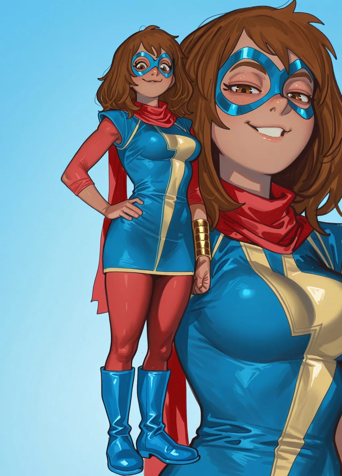 masterpiece, best quality, amazing quality, very aesthetic, absurdres, newest, detailed eyes, Mossastyle,
1girl, mmkamalakhan, brown hair, brown eyes, dark-skinned female, sleeves, blue dress, scarf, bracelet, red pantyhose, domino mask, blue boots, medium breasts, hand on hip, smug, looking at viewer, close up, low kiss,