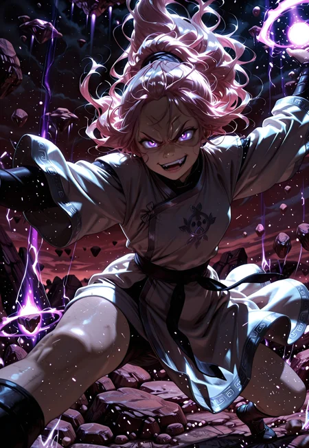 (masterpiece), best quality, amazing quality, very aesthetic, absurdres, newest, solo, CivChan in the Avatar Animation style, purple eyes, pink hair, wicked smile, embroidered karate fighting robes, black and silver, dynamic pose, angry, r0cks, outdoors, rocks, floating rocks, floating islands, surrounded by mystical energy, dark, volumetric lighting, cinematic lighting, extreme perspective, Smooth Quality