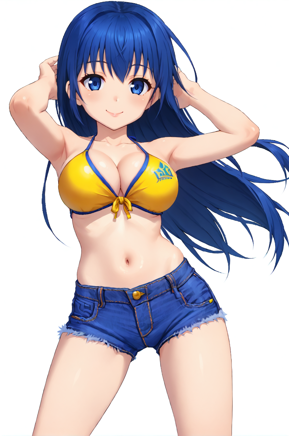 1girl, solo,
white background,
arinPangya, blue hair, blue eyes, long hair, bangs, large breasts, lips,
swimSet, yellow bikini top, sandals, denim shorts,
standing,
smile,
upper body,
 <lora:arinPangyaPonyV1.1:0.95>