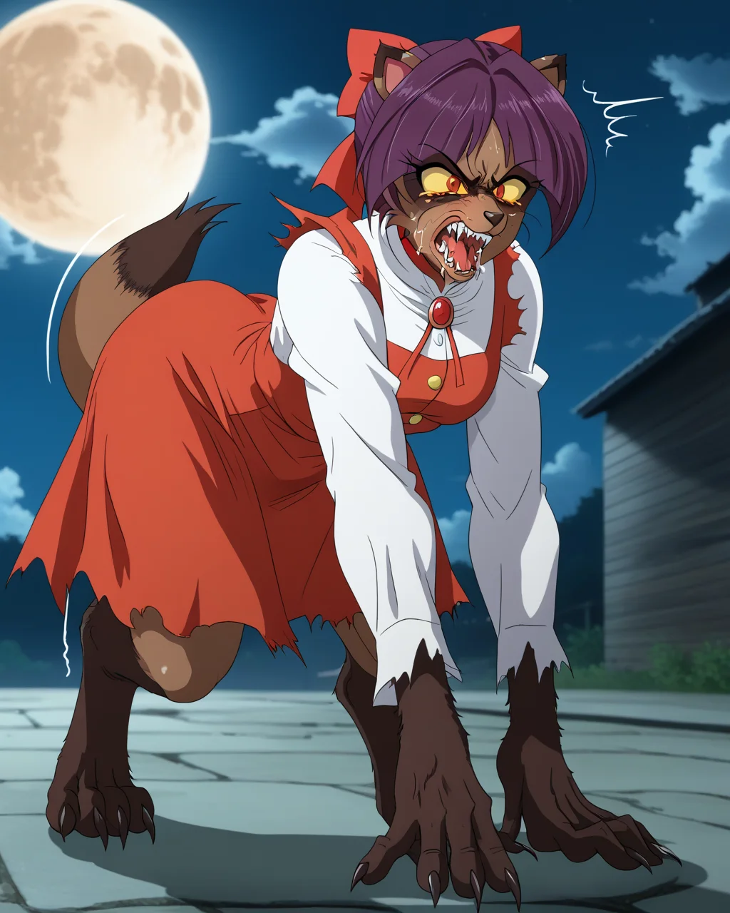 score_9, score_8_up, score_7_up, 1girl, solo, BREAK source_anime, rating_explicit, best quality, masterpiece, 1girl, solo, <lora:nekomusume_XL-Pony_LoRA-C3Lier_8-8-8-8_AdamW_Un3e-4_Te1.5e-4_10batch:1> nekomusume, cat girl, purple hair, short hair, single hair bun, hair bow, red bow, red choker, white shirt, jewelry, gem, brooch, long sleeves, red dress, pinafore dress, short dress, <lora:tanu_pdxl:1> tanu_curse, tanu tail, tanu snouth, covered ears, ((tanu ears)), claws, sharp teeth, drool, motion lines, open mouth, ((tanu fur)) ,standing, outdoors, night, moon, red eyes, yellow sclera, eye roll, fierce, torn clothes, clawed feet, angry, tongue, digitigrade