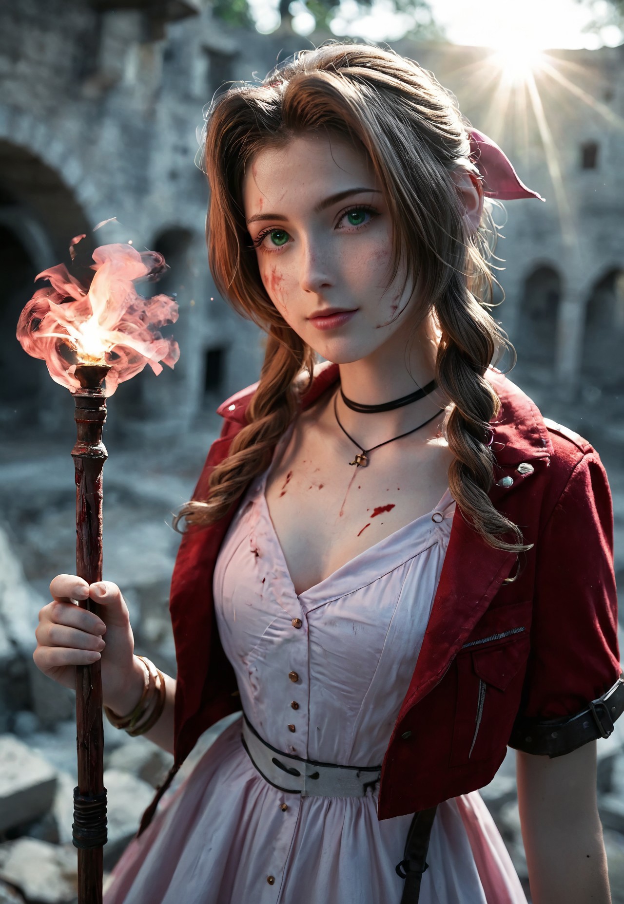 safe_pos, safe_pos, safe_pos, safe_pos, safe_pos, safe_pos, score_9, score_8_up, score_7_up, score_6_up, hyper-realistic, highest quality, masterpiece, cinematic composition eyeliner, looking at the viewer, morning light, sexy face, Aerith Gainsborough, cute girl, Korean idol, ((focus in face)), brown hair, green eyes, hair intakes, long hair, hair ribbon, jewelry, choker, braid, sidelocks, parted bangs, braided ponytail, necklace, red short jacket, pink dress, sauqt pose, (((white stockigns))), flying dress, combat pose, pink bow, holding a long magic staff, red high heels, bolo tie, pink bow, side drill, bangs, drill hair, hair bow, pink ribbon, bangle, solo, sci-fi fashion concept, open coat, medium natural breasts, skinny, hip bones, rib cage, very slender, freckles, petite, gorgeous, stunning, perfect anatomy, (young woman:2), young, face focus, portrait, sweat, bruise, rugged with a battle-worn appearance, in a abandoned industrial ruins, fire, smoke, ruins, (luminous and beautiful ambiance, ethereal atmosphere, sunlight, rays of light, floating particles, soft light, bokeh, depth of field), (((depth of field))) cinematic composition, (best quality), (colorful), (detailed) (((dramatic angle))), (((((blurry background))))), cinematic composition, Enhance the interplay of light and shadow to create a more dramatic chiaroscuro effect. blood stains on body and face, blood stains on clothes, bloody hell
