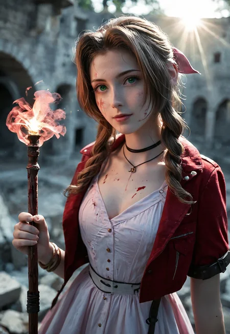 safe_pos, safe_pos, safe_pos, safe_pos, safe_pos, safe_pos, score_9, score_8_up, score_7_up, score_6_up, hyper-realistic, highest quality, masterpiece, cinematic composition eyeliner, looking at the viewer, morning light, sexy face, Aerith Gainsborough, cute girl, Korean idol, ((focus in face)), brown hair, green eyes, hair intakes, long hair, hair ribbon, jewelry, choker, braid, sidelocks, parted bangs, braided ponytail, necklace, red short jacket, pink dress, sauqt pose, (((white stockigns))), flying dress, combat pose, pink bow, holding a long magic staff, red high heels, bolo tie, pink bow, side drill, bangs, drill hair, hair bow, pink ribbon, bangle, solo, sci-fi fashion concept, open coat, medium natural breasts, skinny, hip bones, rib cage, very slender, freckles, petite, gorgeous, stunning, perfect anatomy, (young woman:2), young, face focus, portrait, sweat, bruise, rugged with a battle-worn appearance, in a abandoned industrial ruins, fire, smoke, ruins, (luminous and beautiful ambiance, ethereal atmosphere, sunlight, rays of light, floating particles, soft light, bokeh, depth of field), (((depth of field))) cinematic composition, (best quality), (colorful), (detailed) (((dramatic angle))), (((((blurry background))))), cinematic composition, Enhance the interplay of light and shadow to create a more dramatic chiaroscuro effect. blood stains on body and face, blood stains on clothes, bloody hell
