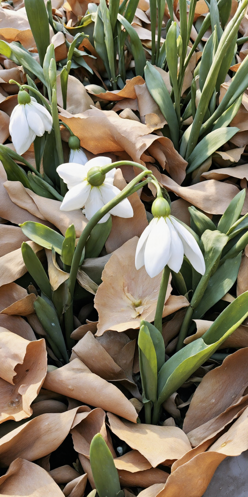 a snowdrop, a small white flower, growing in the woods surrounded by dry leaves and twigs on the ground. The background is slightly blurred, giving the image a dreamy feel.