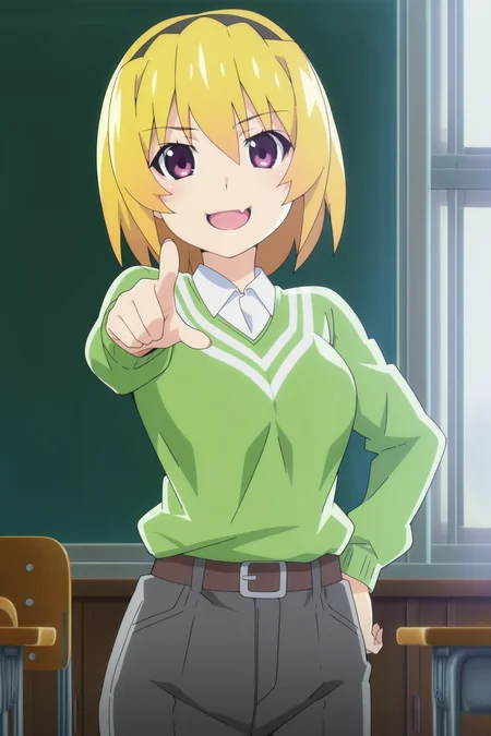 anime screencap, anime coloring, detailed face, masterpiece, best quality, very aesthetic, absurdres, volumetric lighting, official style, amazing quality, ultra detailed, highres, amazing quality, scenery, beautiful detailed hair, beautiful detailed eyes, detailed fingers,
<lora:Houjou_Satoko_teenage_appearance_Higurashi_When_They_Cry_-_Gou_and_Sotsu:1>
in a classroom,
Satoko green shirt outfit, houjou satoko, 1girl, blonde hair, solo, hairband, black hairband, shirt, pants, breasts, sweater, green sweater, collared shirt, open mouth, single fang, amused girl, pointing at the viewer, cowboy shot, smile, laughing