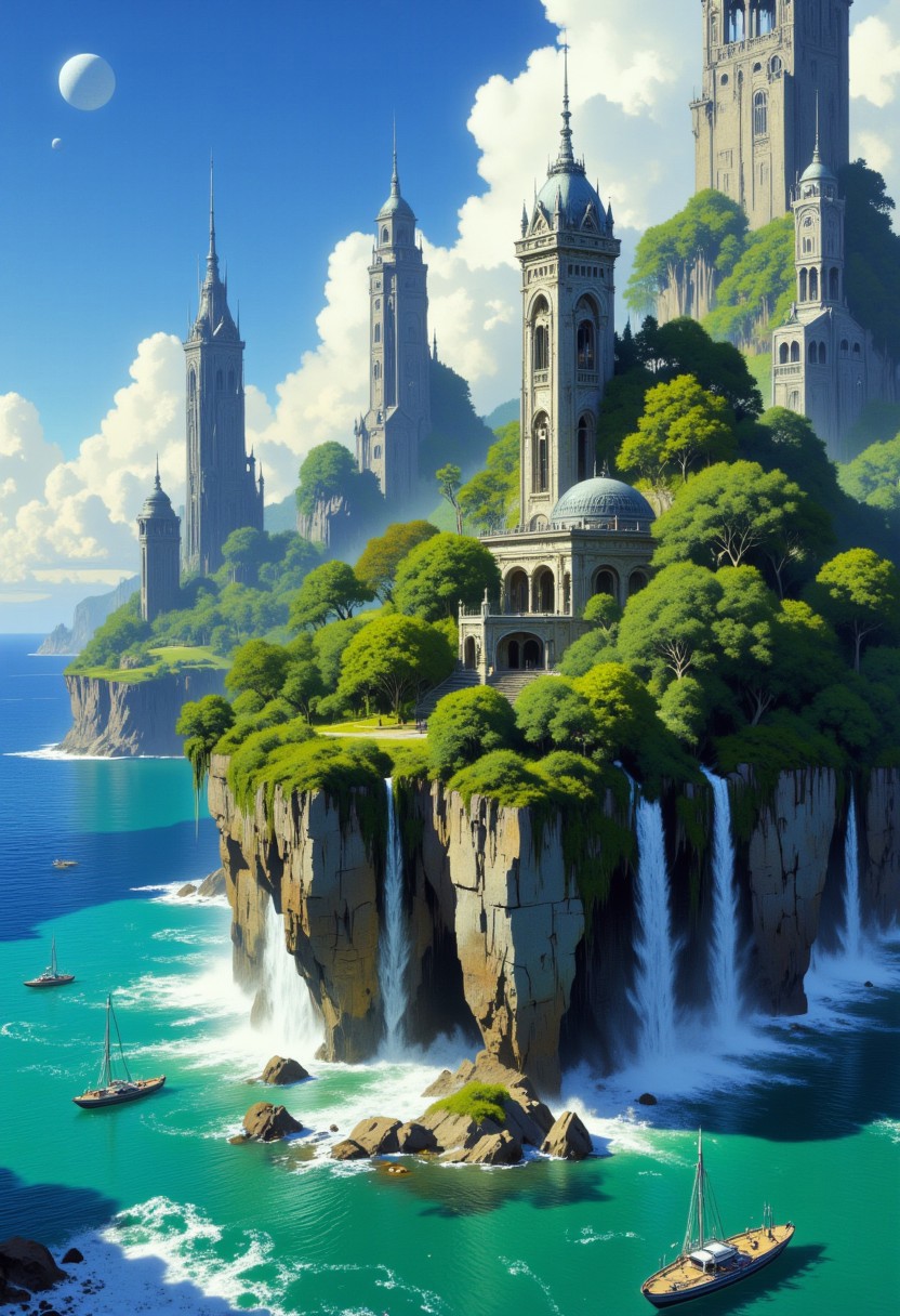 highest details, ultra hyper realism. highly detailed and realistic. intricate and highly professional artwork, an absolute masterpiece.
A highly detailed, vibrant digital painting depicts a fantastical city embedded in rock formations. A lush, green island with towering, arching rock formations and a turquoise sea. The sky is bright blue with fluffy white clouds. The aesthetic quality is very high.