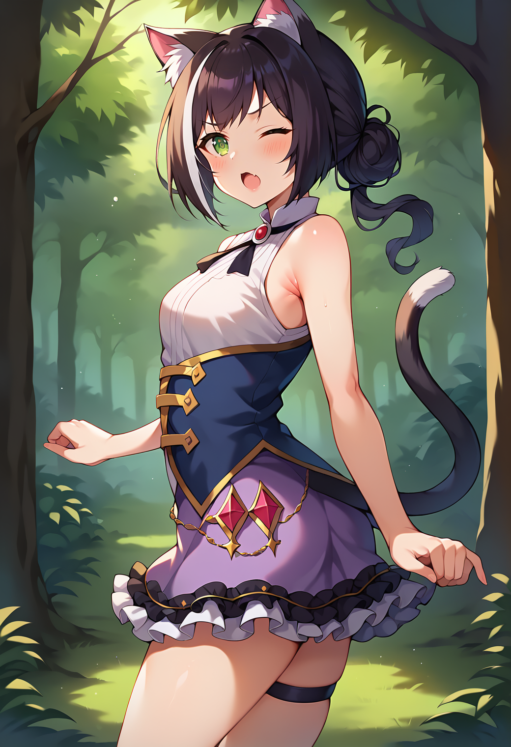 score_9, score_7_up, hd, (ultra hd quality details), source_anime, outdoors, forest,
solo, 1girl, kyarubase, streaked hair, cat ears, animal ear fluff, cat tail, single hair bun,
caldef, blue bodice, sleeveless, white shirt, purple skirt, frilled skirt, thigh strap, thighs,
looking at viewer, blush, serious, open mouth, one eye closed,
standing, from side, armpits,
<lora:_karyl_elesico-pony-e19:0.95>