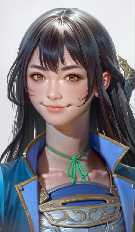 score_9,score_8_up,score_7_up,
<lora:xinxianying:1>,xinxianying,
highres,photorealism,bloom,
1girl,solo,long black hair,bangs,yellow eyes,looking at viewer,smile,blue short jacket,silver chest armor,white and cyan dudou,rope choker,portrait,white background,