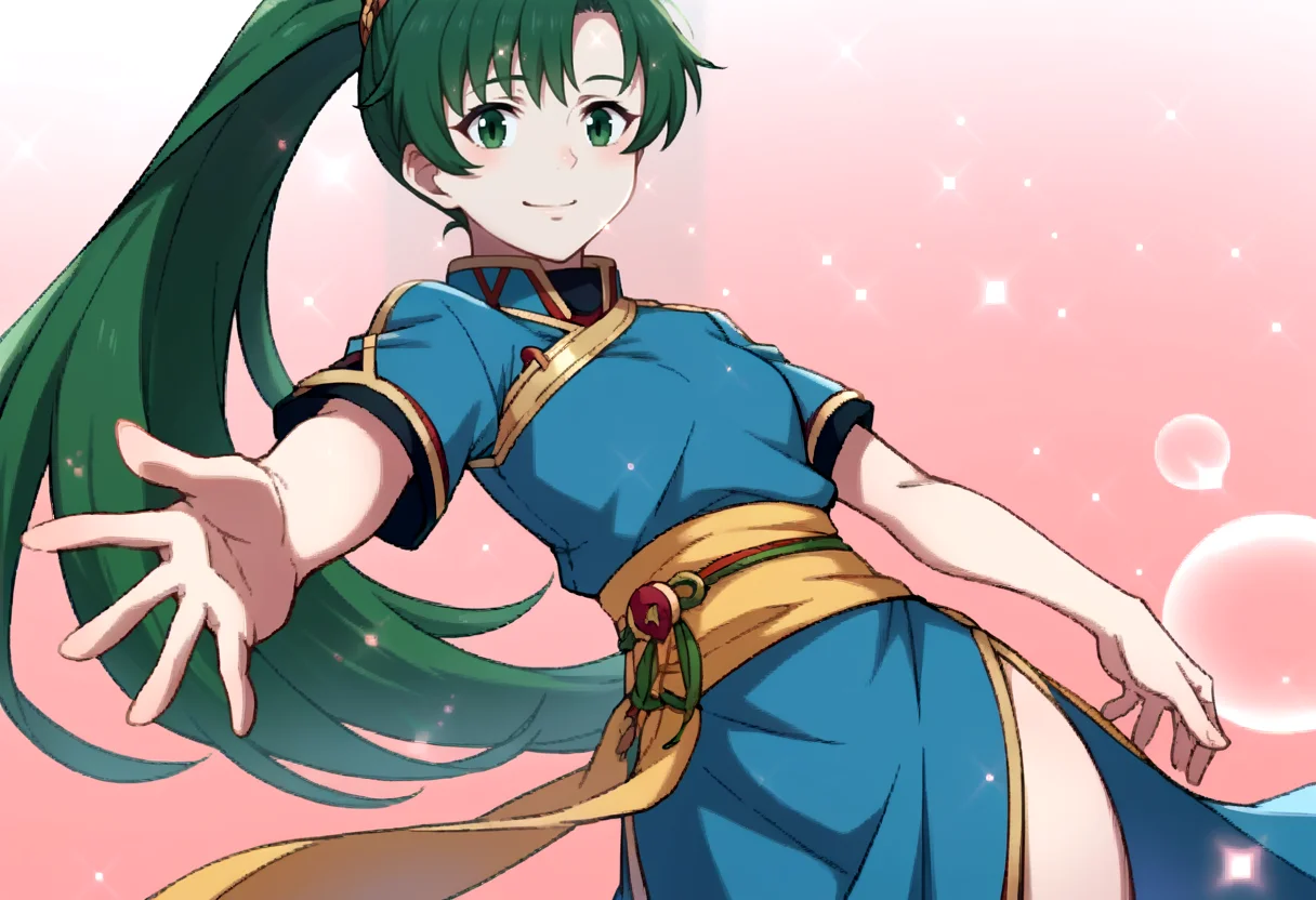 score_9, score_8_up, score_7_up, source_anime, BREAK, solo, 1girl, smile, looking at viewer,  <lora:FEA-S-Rank-pdxl_Fp:1>, pink background, sparkle, bubble, <lora:lyn-pdxl-nvwls-v1:0.8>, defLyn, green hair, high ponytail, blue dress, short sleeves, sash, side slit,