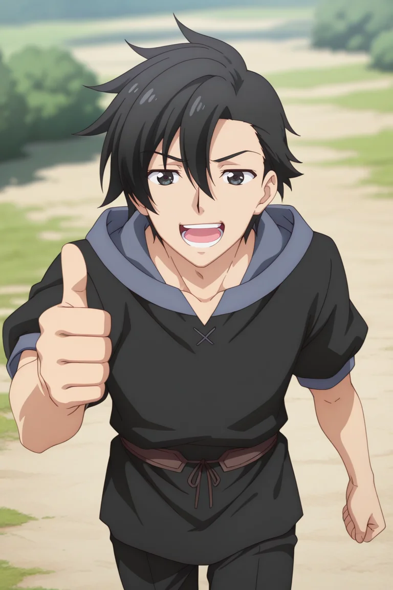 masterpiece, best quality, amazing quality,high resolution, intricate details,official style,depth of field,anime screencap,anime coloring, , , 1boy, solo, male focus,  <lora:kelvin_celsius:0.86>,kelvin celsius,black hair,black eyes,side swept,short hair,reaching,medieval shirts,medieval tunic,black pants,hood,teeth,open mouth,confident expression,hand thumbs up,indoor,facing viewer