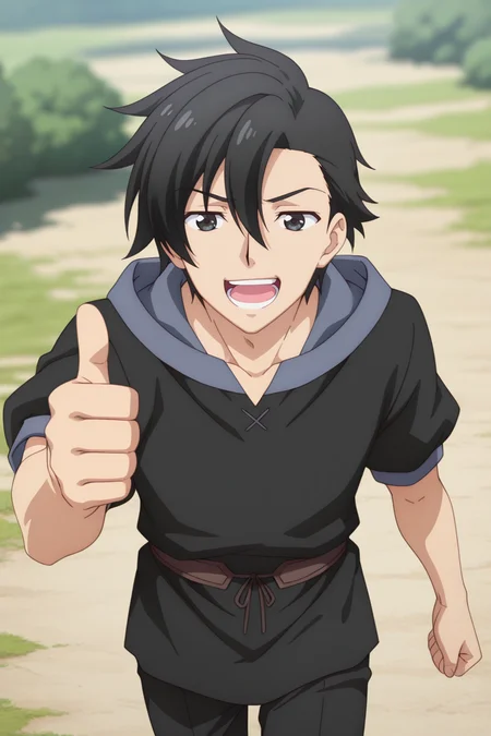 masterpiece, best quality, amazing quality,high resolution, intricate details,official style,depth of field,anime screencap,anime coloring, , , 1boy, solo, male focus, <lora:kelvin_celsius:0.86>,kelvin celsius,black hair,black eyes,side swept,short hair,reaching,medieval shirts,medieval tunic,black pants,hood,teeth,open mouth,confident expression,hand thumbs up,indoor,facing viewer